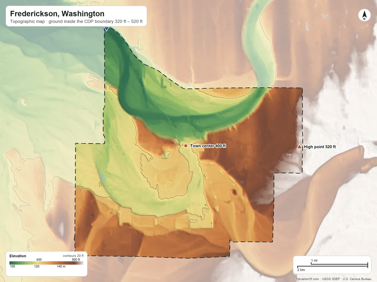 Topographic elevation map of Frederickson, Washington, shaded from 320 ft on the northwest side to 520 ft on the east side