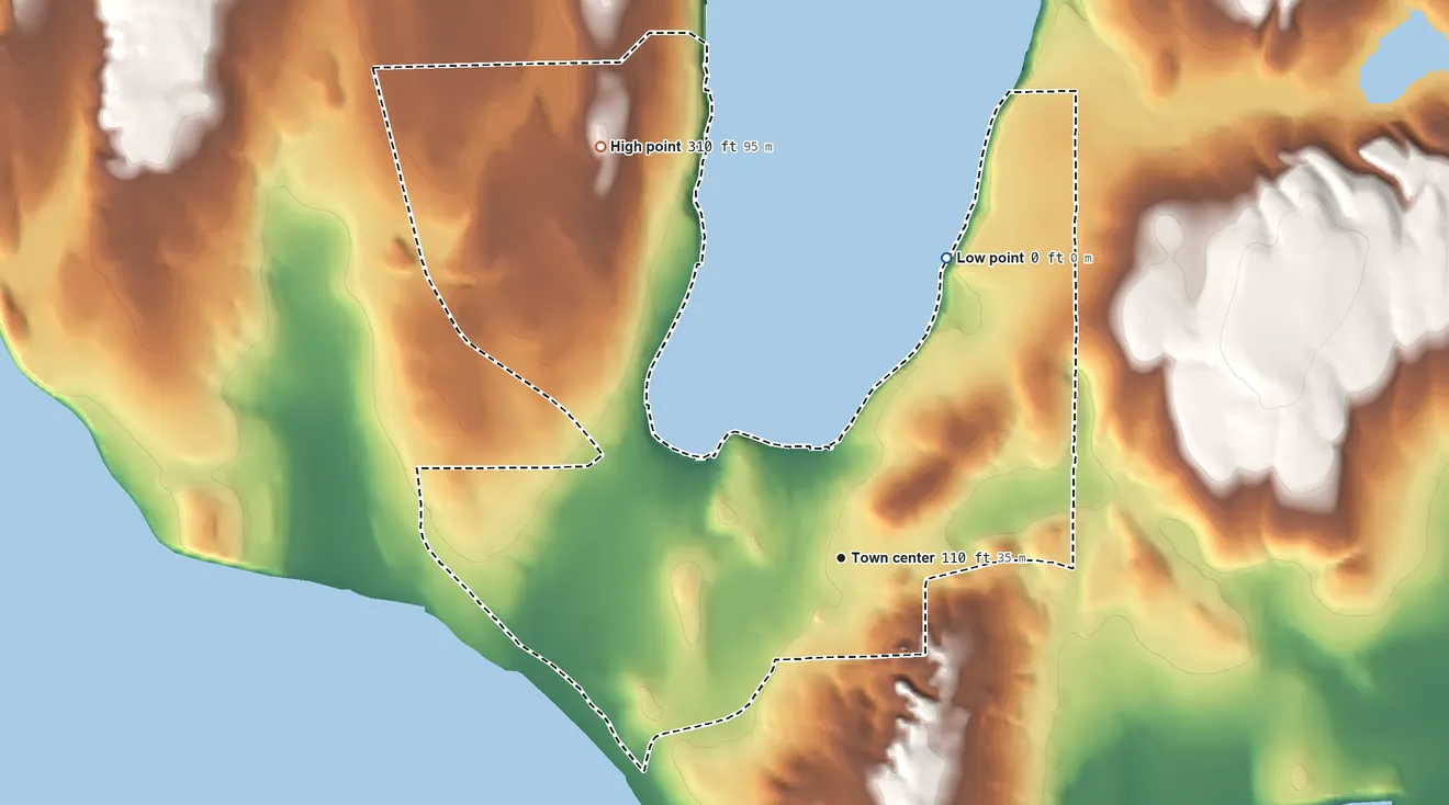 Topographic elevation map of Freeland, Washington, shaded from sea level level on the Salish Sea to 310 ft on the northwest side