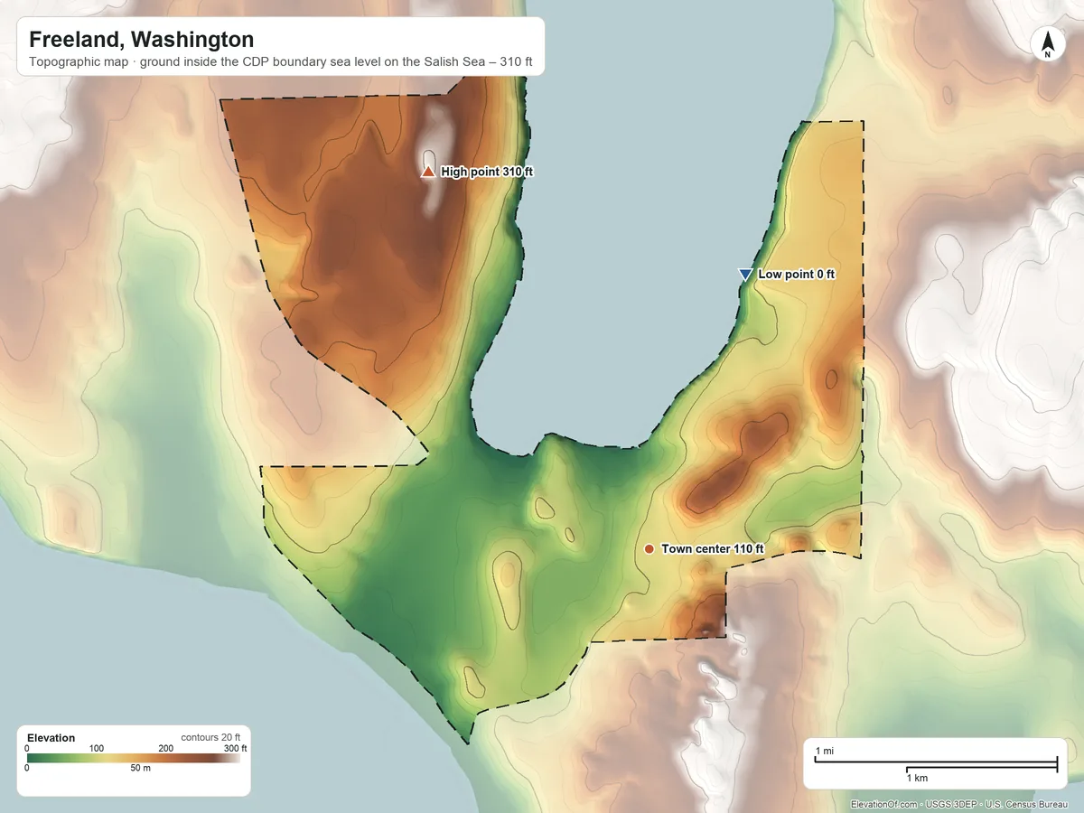 Topographic elevation map of Freeland, Washington, shaded from sea level level on the Salish Sea to 310 ft on the northwest side