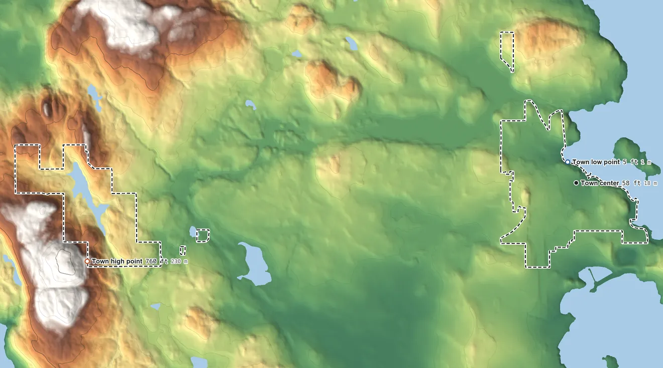 Topographic elevation map of Friday Harbor, Washington, shaded from 5 ft near the middle to 760 ft on the west side