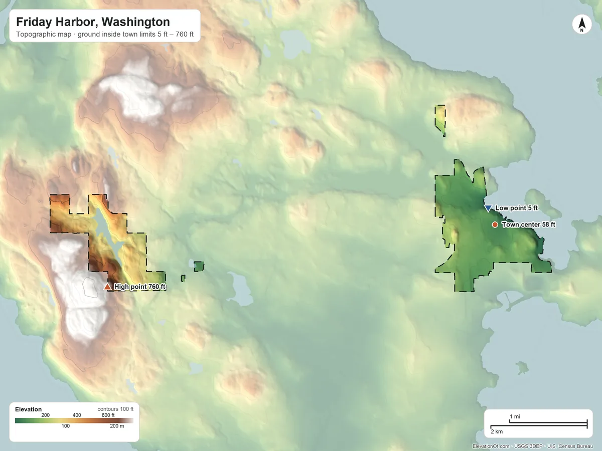 Topographic elevation map of Friday Harbor, Washington, shaded from 5 ft near the middle to 760 ft on the west side