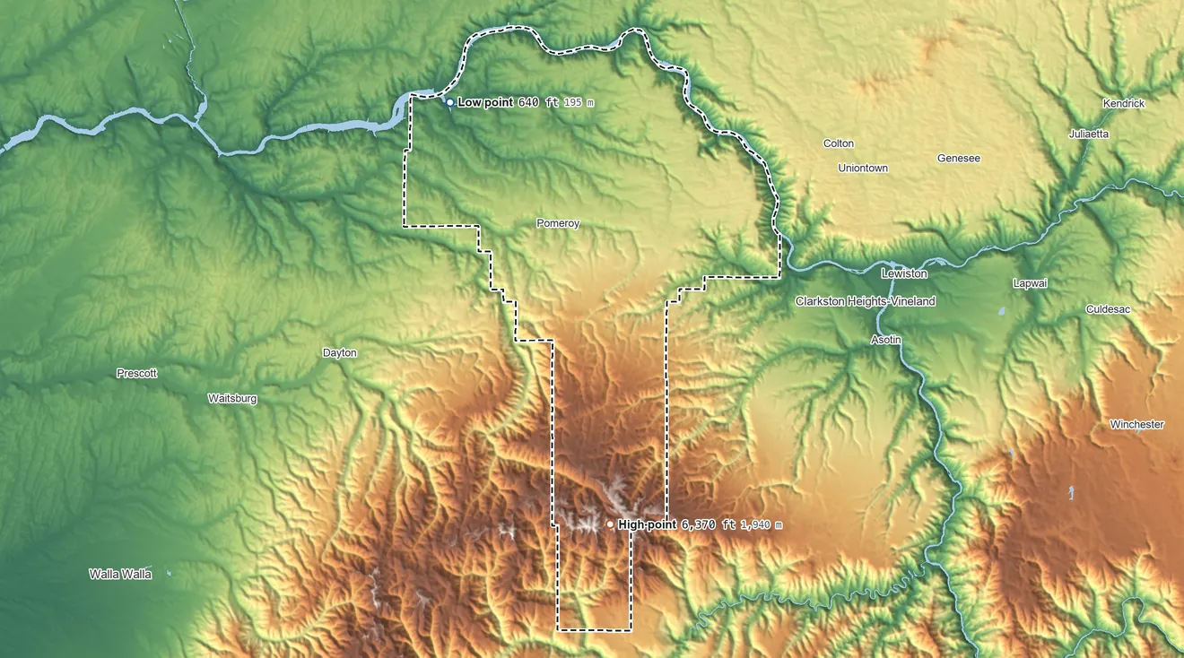 Topographic elevation map of Garfield County, Washington, shaded from 640 ft on the northwest side to 6,370 ft on Mount Misery