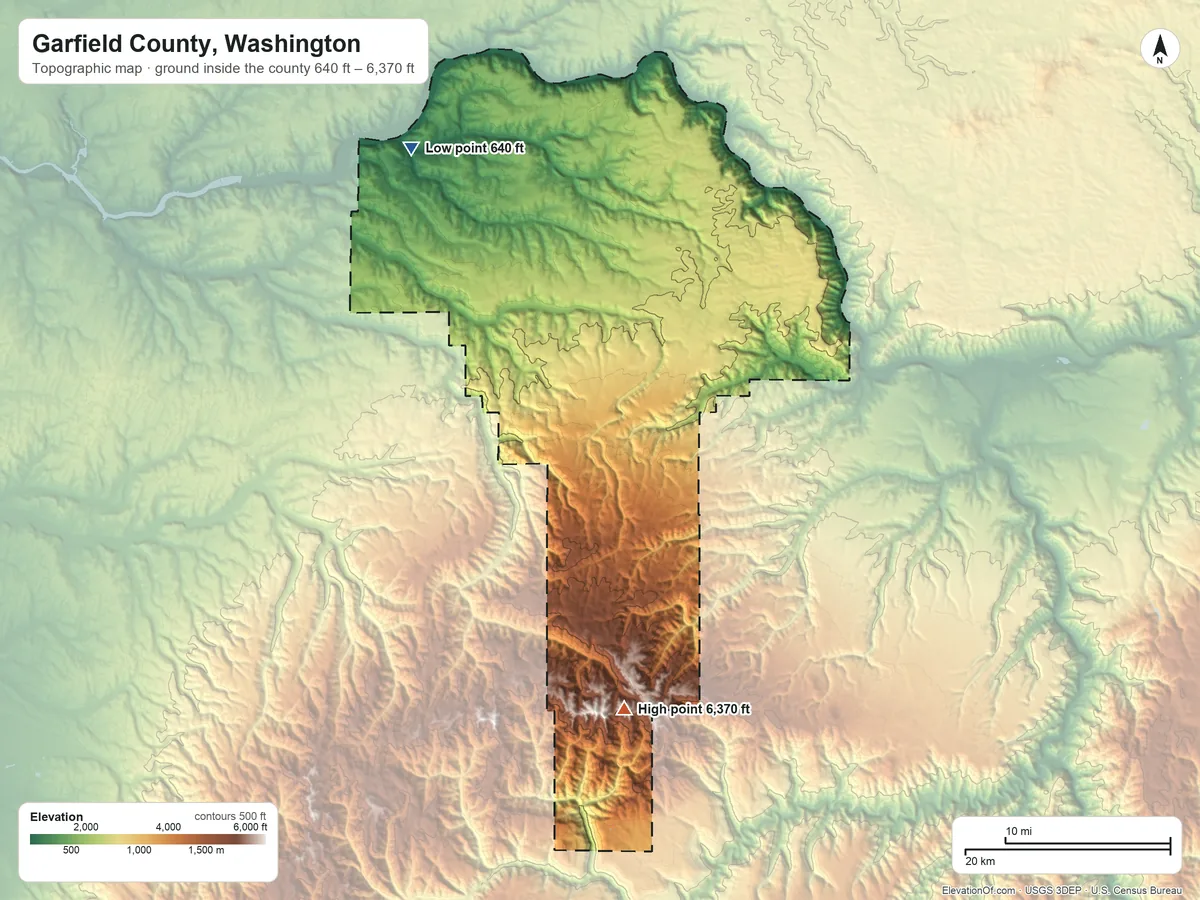 Topographic elevation map of Garfield County, Washington, shaded from 640 ft on the northwest side to 6,370 ft on Mount Misery