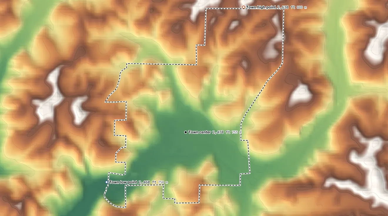 Topographic elevation map of Garfield, Washington, shaded from 2,460 ft on the southwest side to 2,630 ft on the northeast side