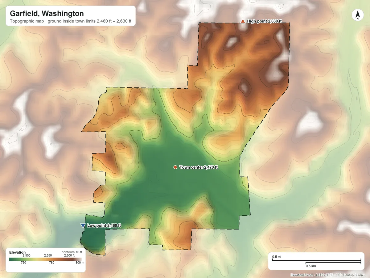 Topographic elevation map of Garfield, Washington, shaded from 2,460 ft on the southwest side to 2,630 ft on the northeast side