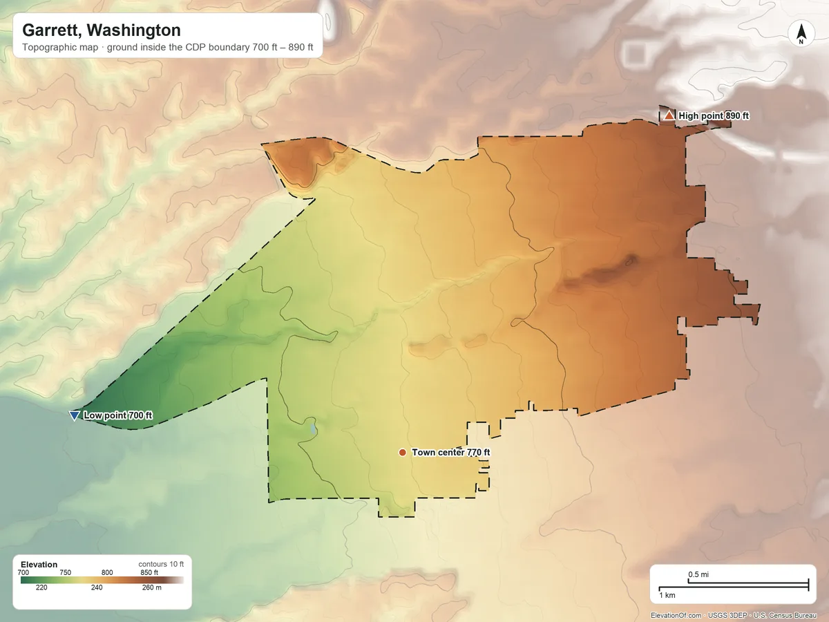 Topographic elevation map of Garrett, Washington, shaded from 700 ft on the west side to 890 ft on the northeast side