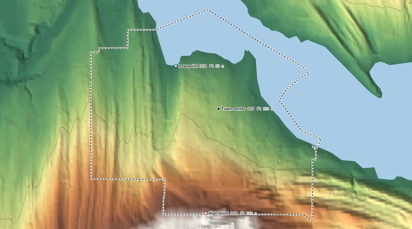 Topographic elevation map of Geneva, Washington, shaded from 310 ft on the northwest side to 940 ft on the south edge, below higher ground just outside