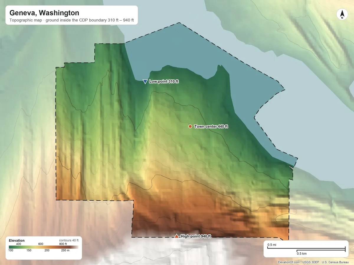 Topographic elevation map of Geneva, Washington, shaded from 310 ft on the northwest side to 940 ft on the south edge, below higher ground just outside