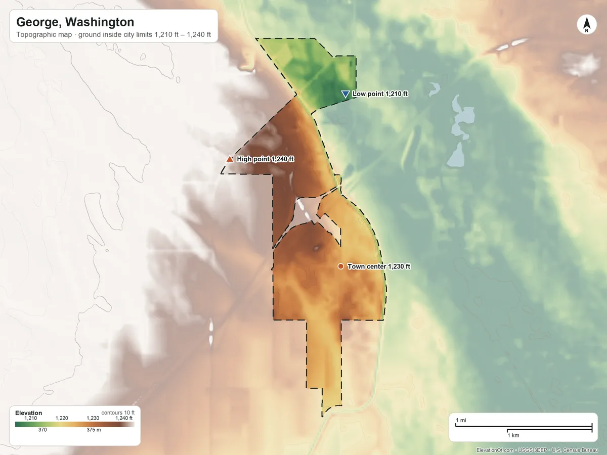 Topographic elevation map of George, Washington, shaded from 1,210 ft on the north side to 1,240 ft on the northwest side
