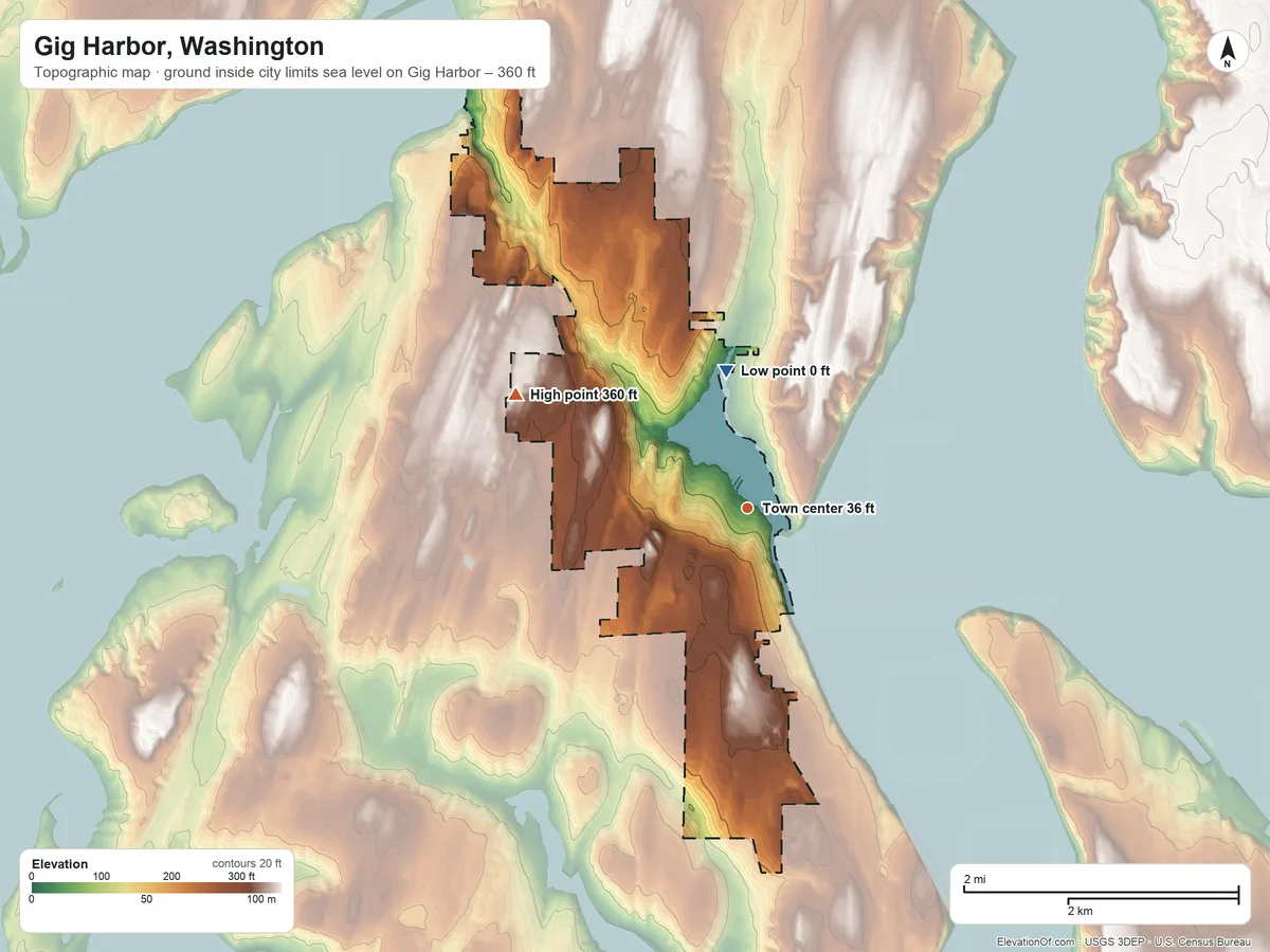 Topographic elevation map of Gig Harbor, Washington, shaded from sea level level on Gig Harbor to 360 ft on the northwest side