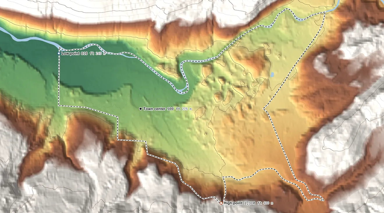 Topographic elevation map of Glacier, Washington, shaded from 810 ft on the northwest side to 1,310 ft at the foot of the Twin Sisters Mountain
