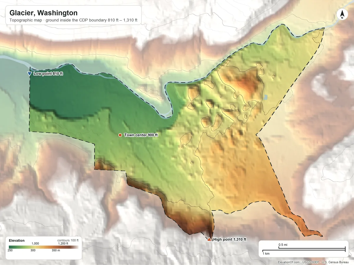 Topographic elevation map of Glacier, Washington, shaded from 810 ft on the northwest side to 1,310 ft at the foot of the Twin Sisters Mountain
