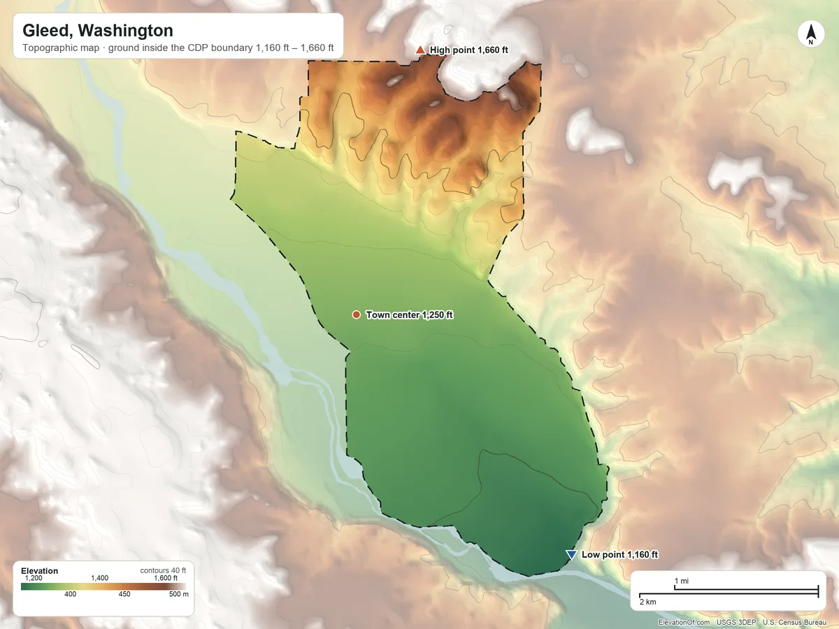 Topographic elevation map of Gleed, Washington, shaded from 1,160 ft on the southeast side to 1,660 ft on the north edge, below higher ground just outside