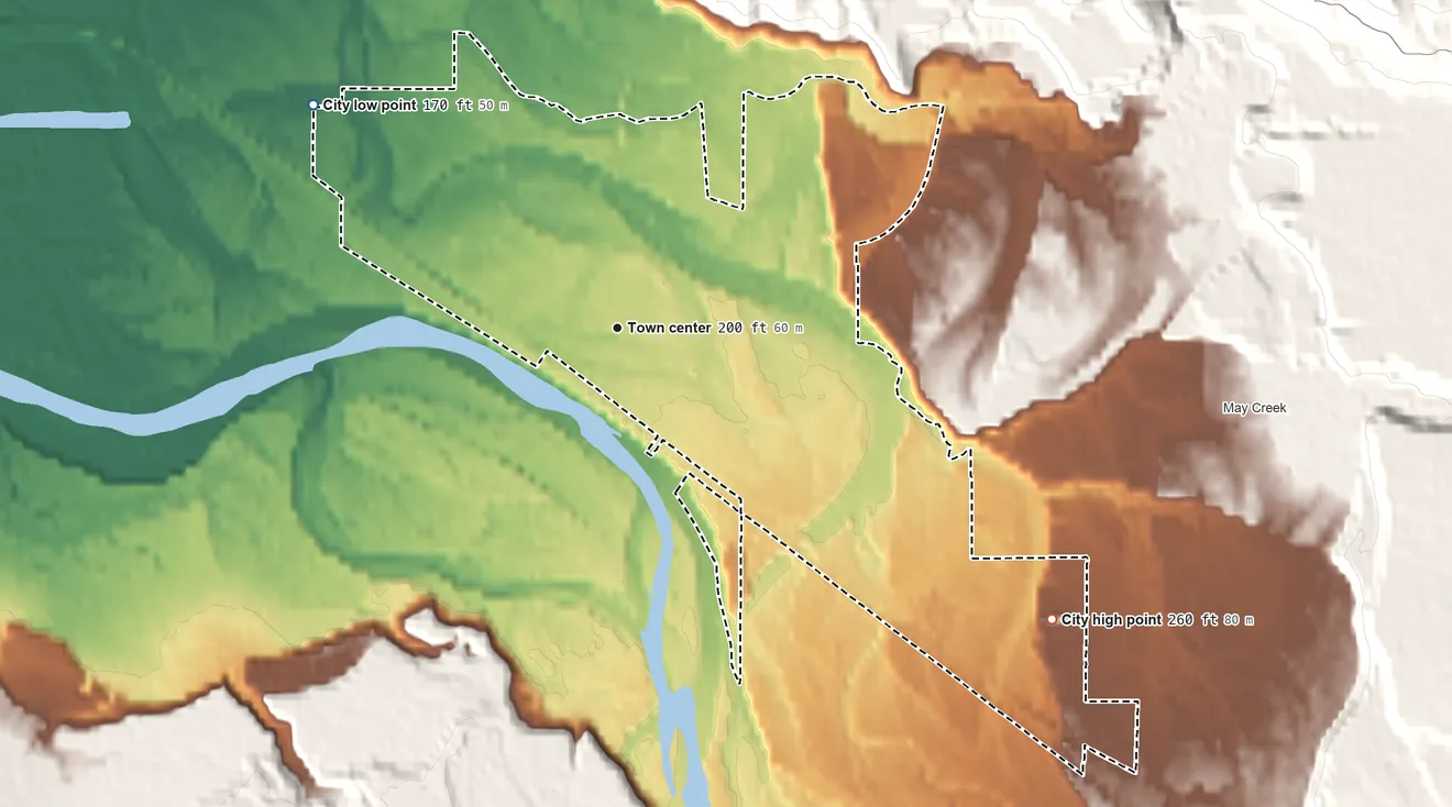 Topographic elevation map of Gold Bar, Washington, shaded from 170 ft on the northwest side to 260 ft on the southeast edge, below higher ground just outside