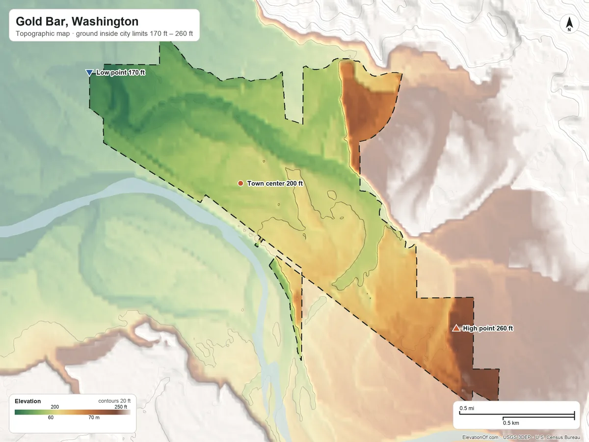 Topographic elevation map of Gold Bar, Washington, shaded from 170 ft on the northwest side to 260 ft on the southeast edge, below higher ground just outside