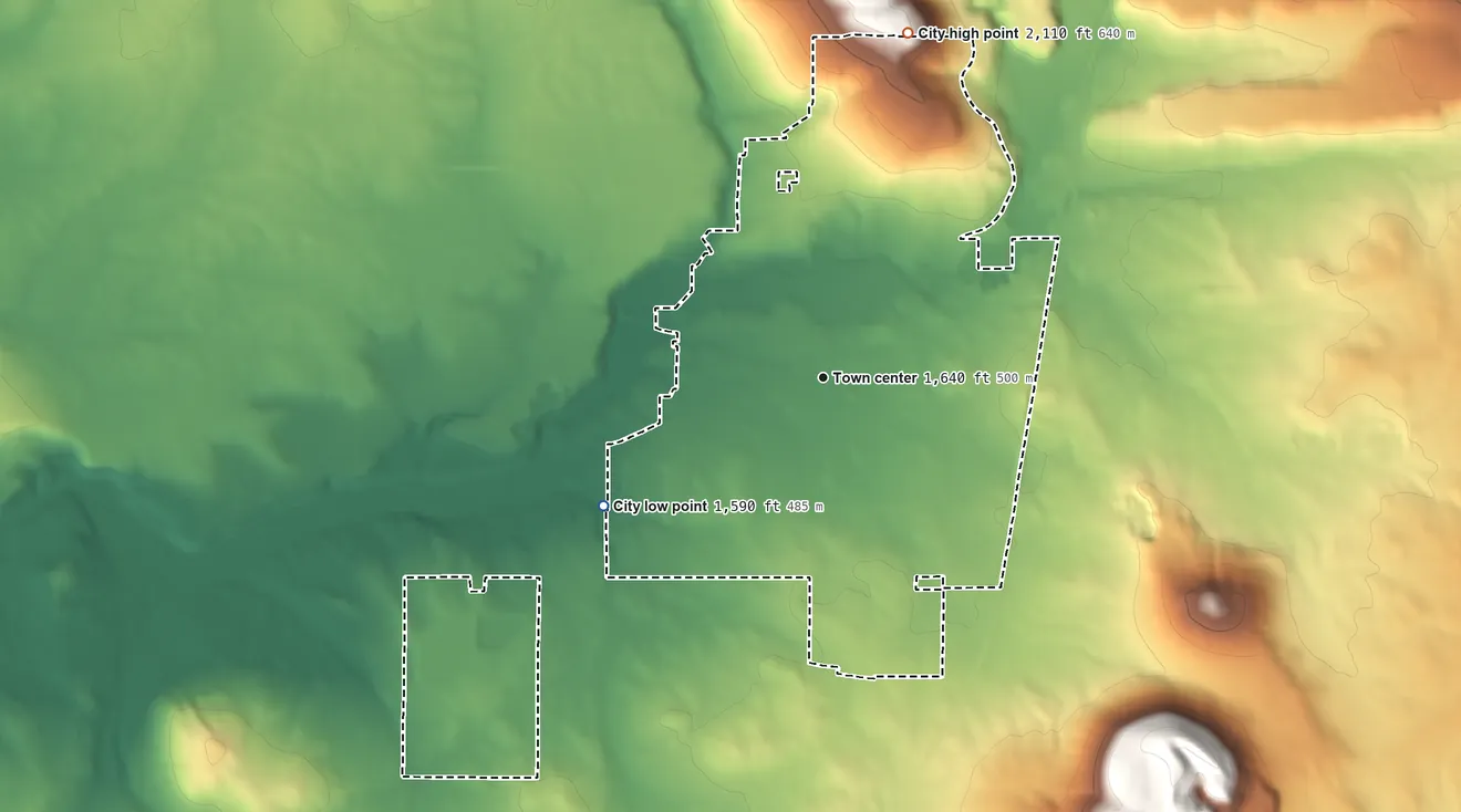 Topographic elevation map of Goldendale, Washington, shaded from 1,590 ft on the southwest side to 2,110 ft on the north side