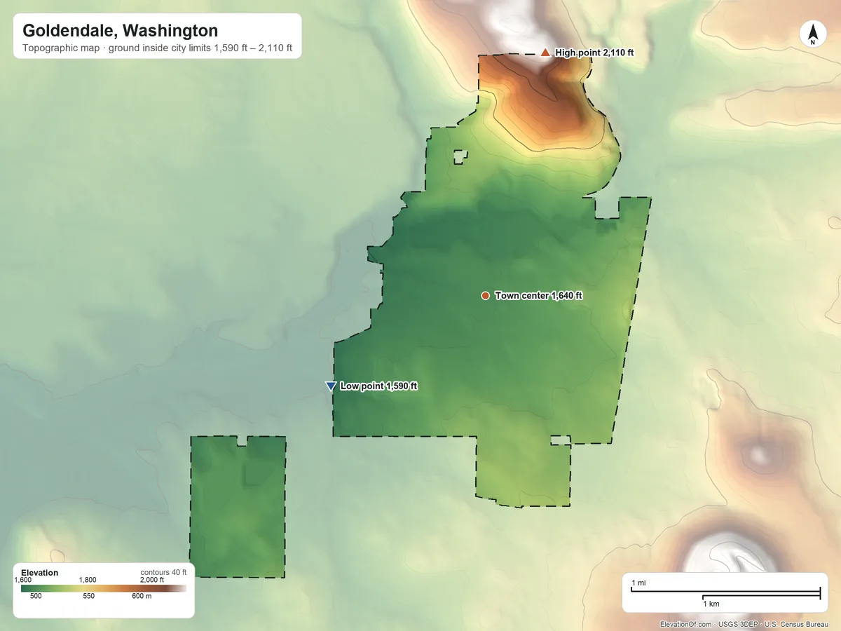 Topographic elevation map of Goldendale, Washington, shaded from 1,590 ft on the southwest side to 2,110 ft on the north side