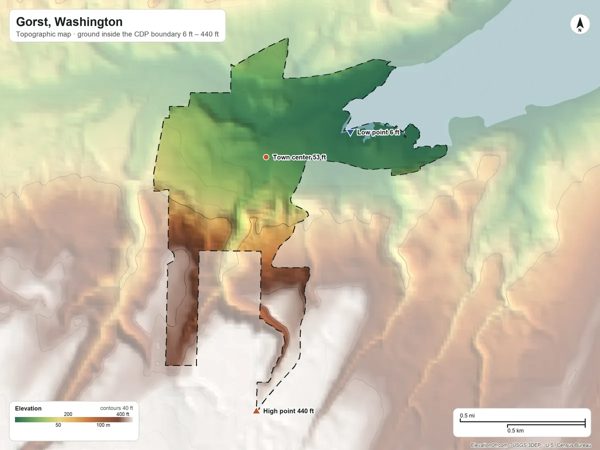 Topographic elevation map of Gorst, Washington, shaded from 6 ft on the east side to 440 ft on the south side