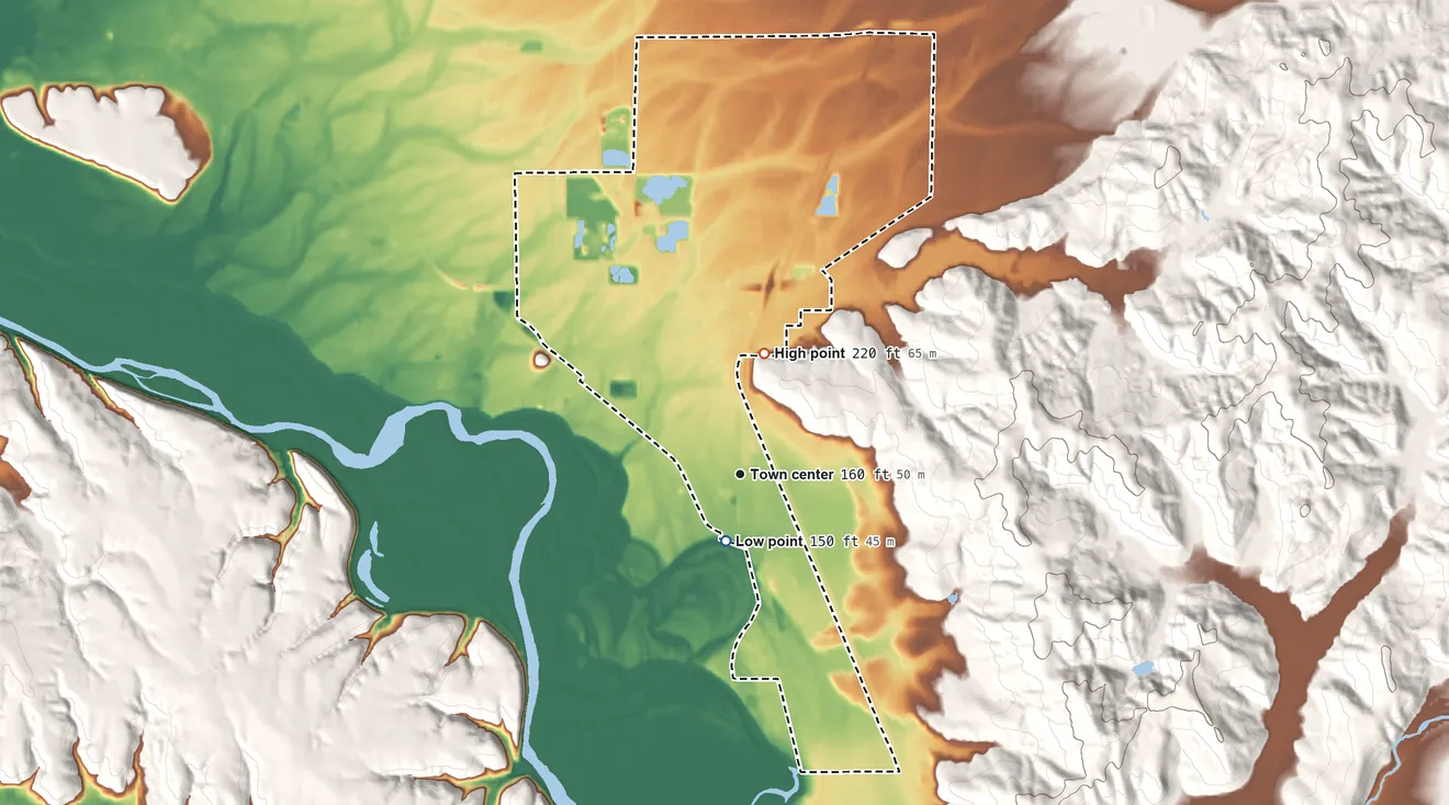 Topographic elevation map of Grand Mound, Washington, shaded from 150 ft near the middle to 220 ft at the foot of the Black Hills