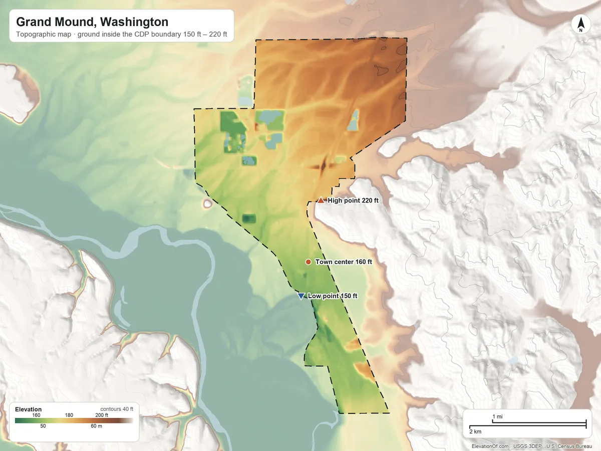 Topographic elevation map of Grand Mound, Washington, shaded from 150 ft near the middle to 220 ft at the foot of the Black Hills