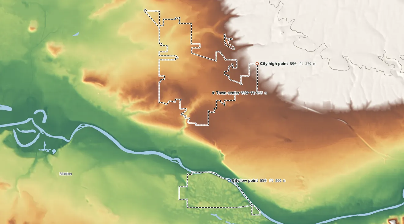 Topographic elevation map of Grandview, Washington, shaded from 650 ft on the south side to 890 ft on the northeast side
