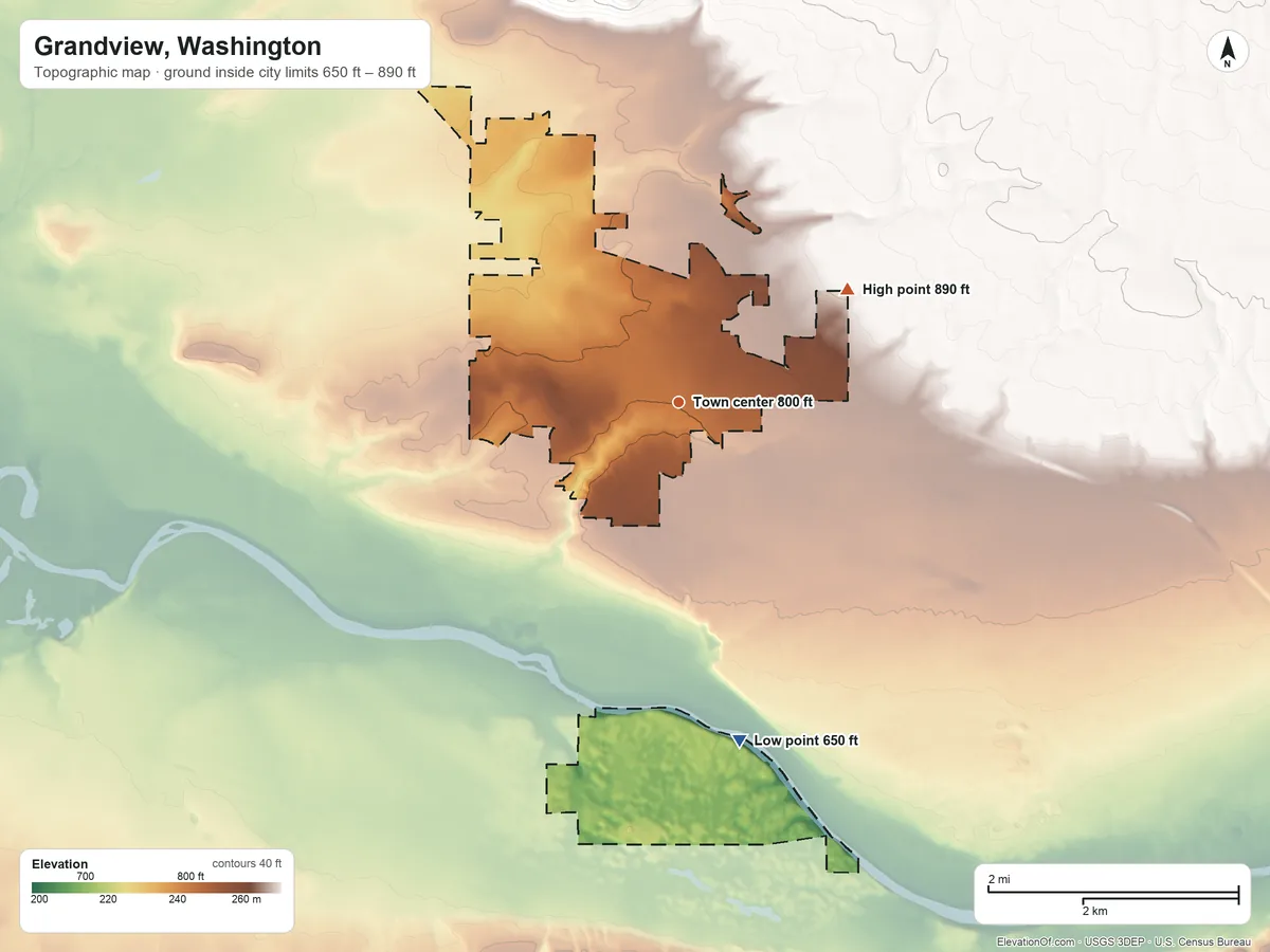 Topographic elevation map of Grandview, Washington, shaded from 650 ft on the south side to 890 ft on the northeast side