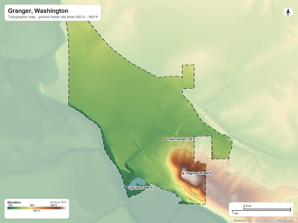 Topographic elevation map of Granger, Washington, shaded from 690 ft on the southwest side to 960 ft on the southeast side