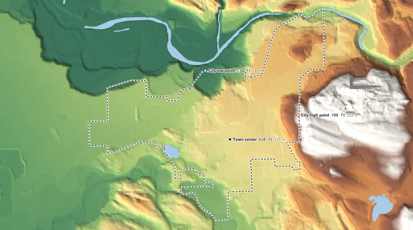 Topographic elevation map of Granite Falls, Washington, shaded from 230 ft on the north side to 700 ft on the east edge, below higher ground just outside