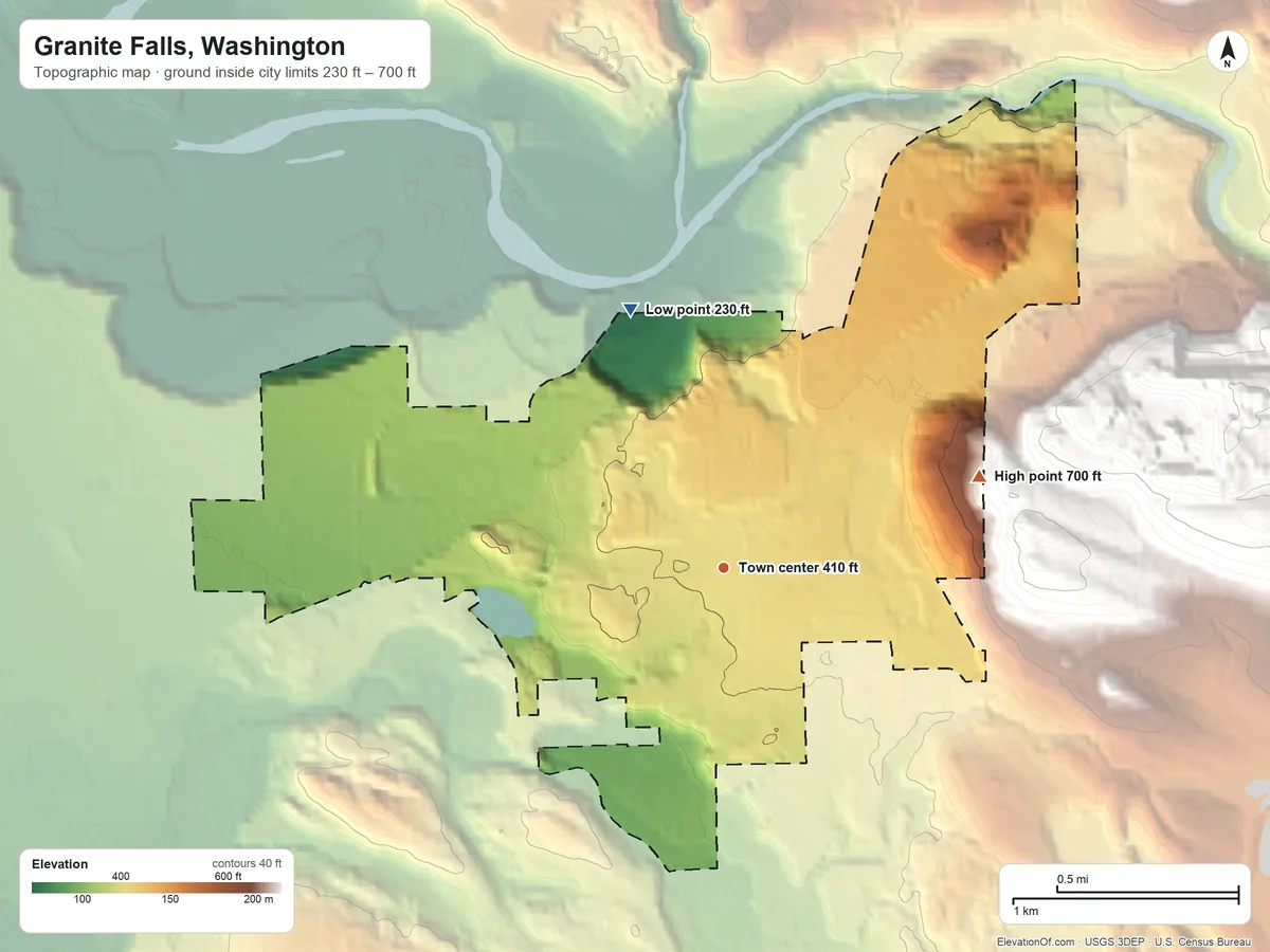 Topographic elevation map of Granite Falls, Washington, shaded from 230 ft on the north side to 700 ft on the east edge, below higher ground just outside