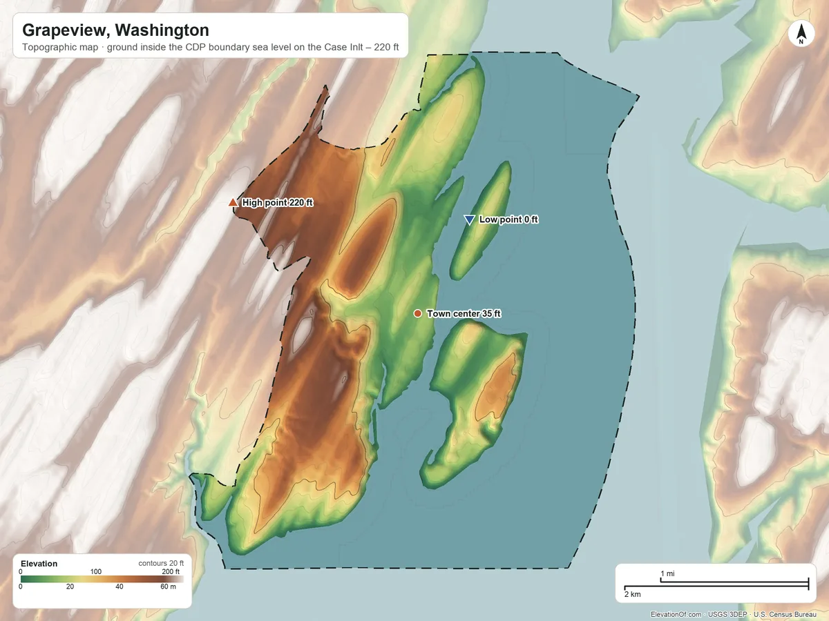 Topographic elevation map of Grapeview, Washington, shaded from sea level level on Case Inlet to 220 ft on the northwest side