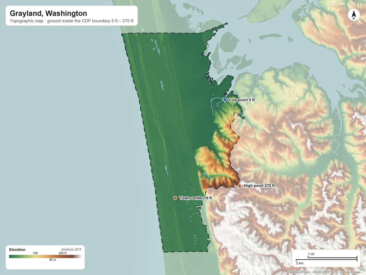 Topographic elevation map of Grayland, Washington, shaded from 5 ft on the northeast side to 270 ft on the east side