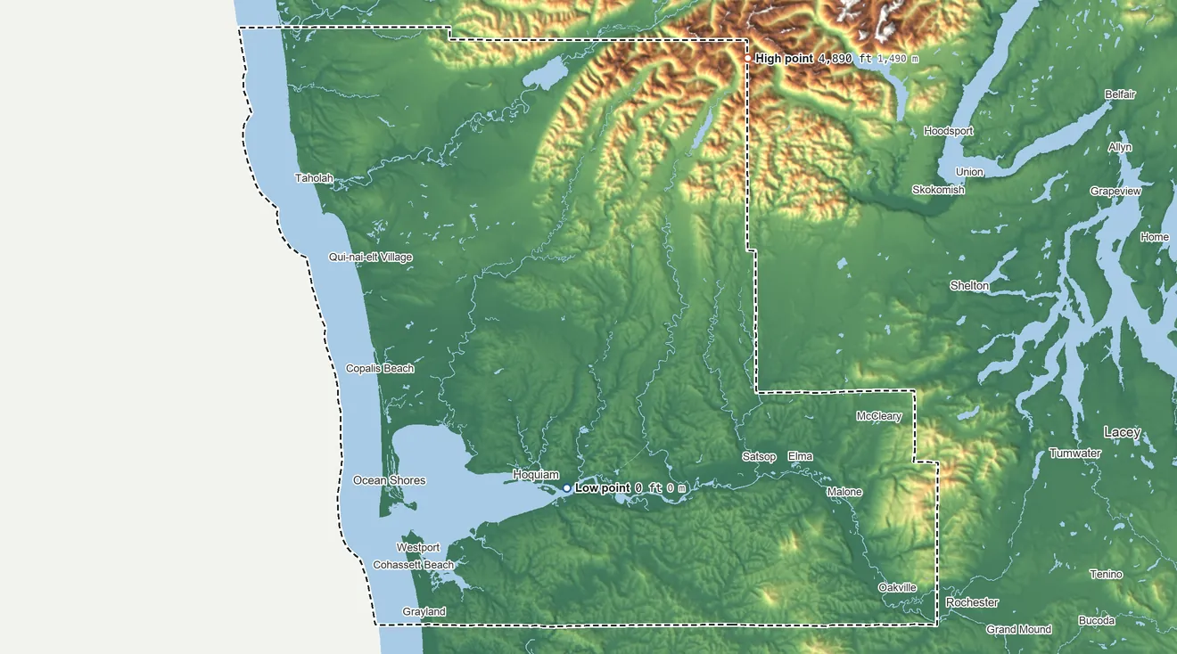 Topographic elevation map of Grays Harbor County, Washington, shaded from sea level on Grays Harbor to 4,890 ft on Capitol Peak