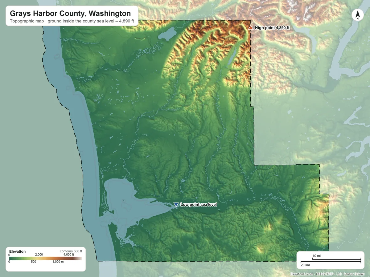 Topographic elevation map of Grays Harbor County, Washington, shaded from sea level on Grays Harbor to 4,890 ft on Capitol Peak