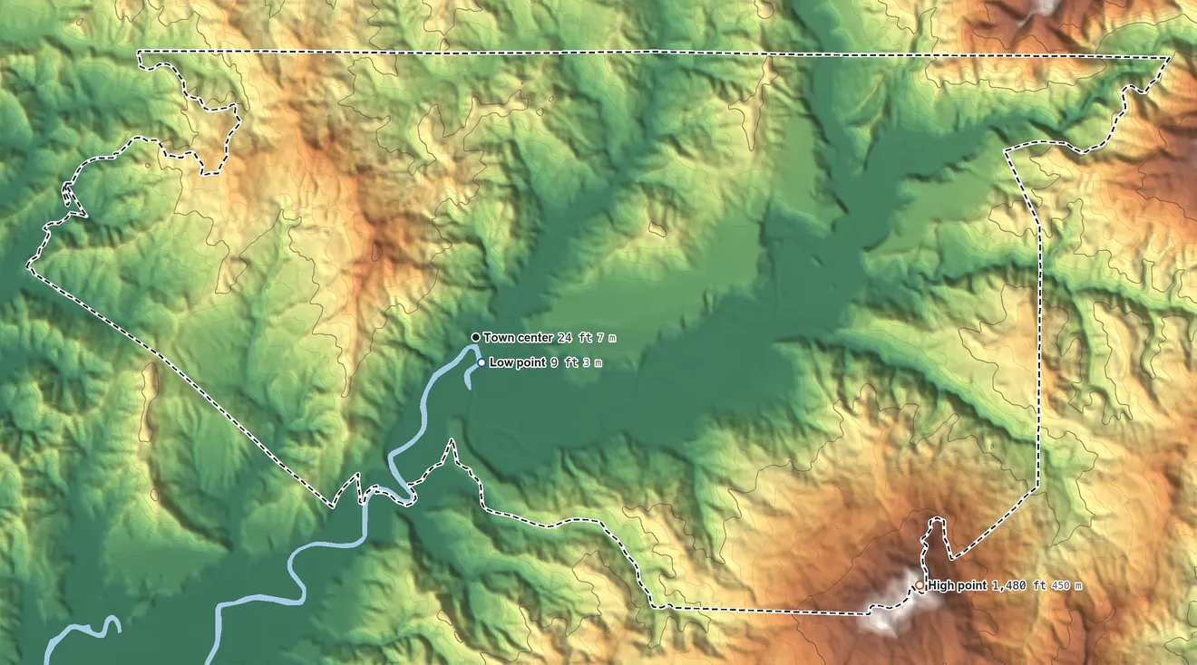 Topographic elevation map of Grays River, Washington, shaded from 9 ft near the middle to 1,480 ft on the southeast side