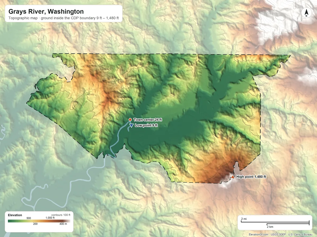 Topographic elevation map of Grays River, Washington, shaded from 9 ft near the middle to 1,480 ft on the southeast side