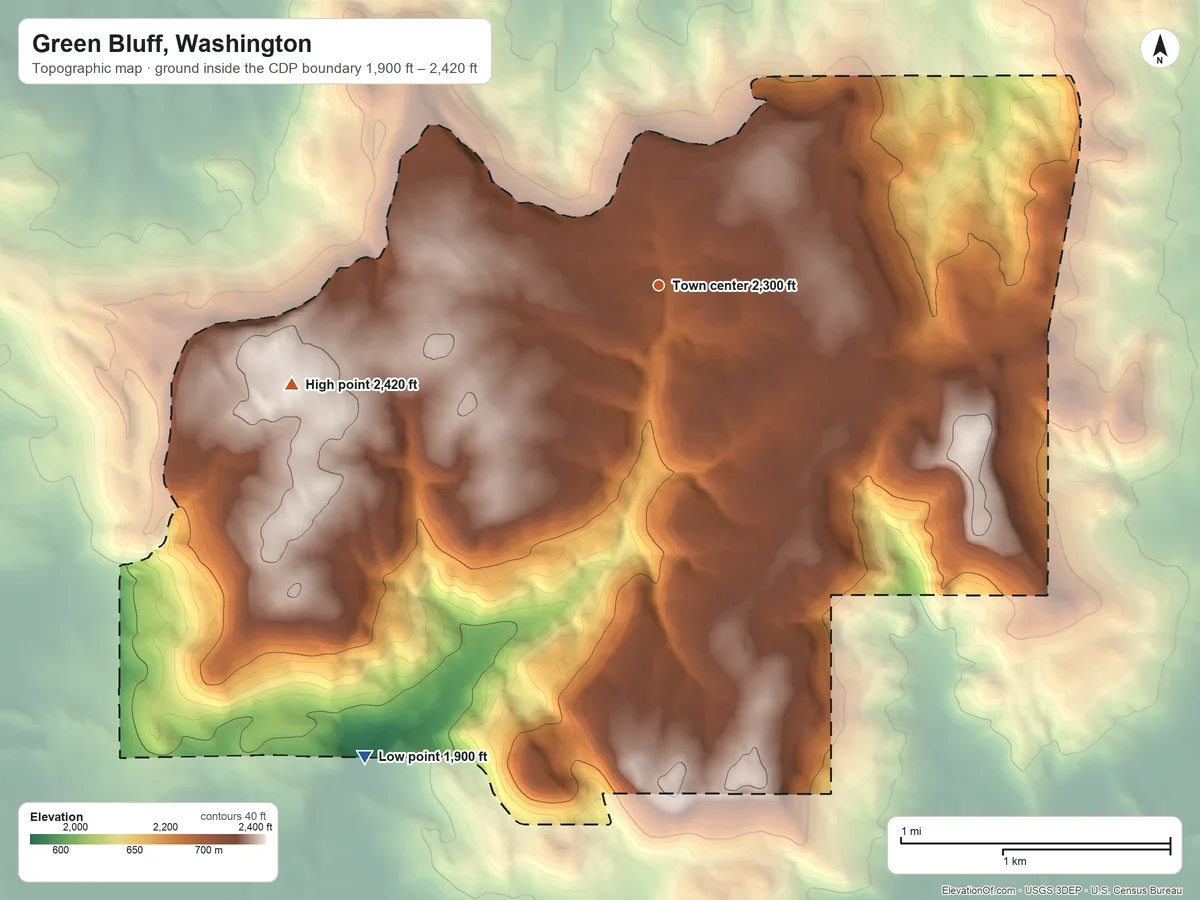 Topographic elevation map of Green Bluff, Washington, shaded from 1,900 ft on the southwest side to 2,420 ft on the west side