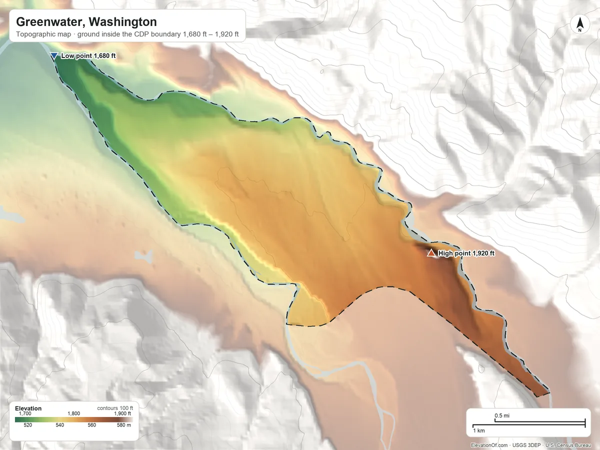 Topographic elevation map of Greenwater, Washington, shaded from 1,680 ft on the northwest side to 1,920 ft at the foot of the Sluiskin Mountains