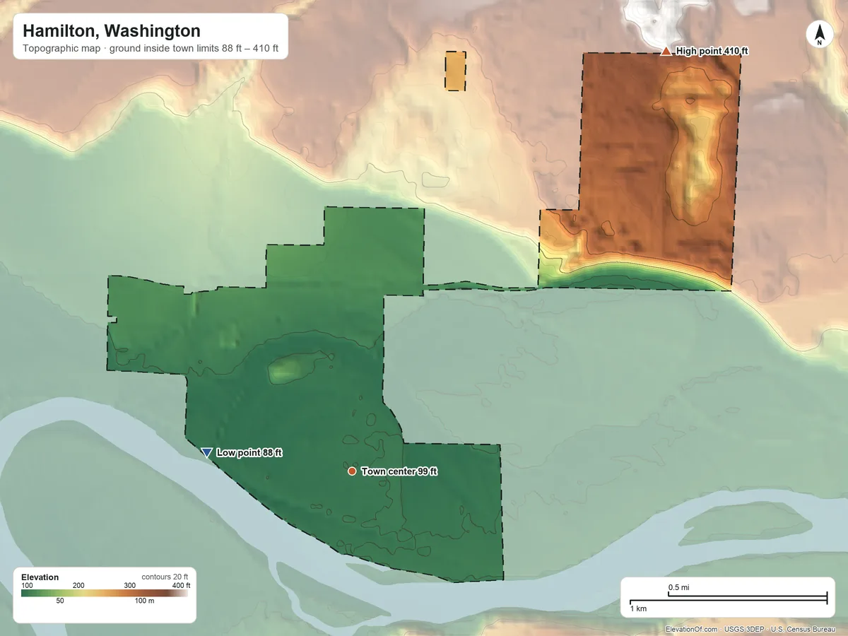 Topographic elevation map of Hamilton, Washington, shaded from 88 ft on the west side to 410 ft at the foot of the Cultus Mountains