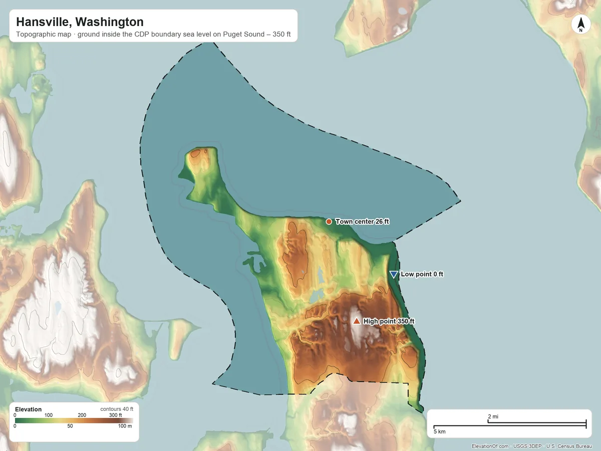 Topographic elevation map of Hansville, Washington, shaded from sea level level on Puget Sound to 350 ft on the south side