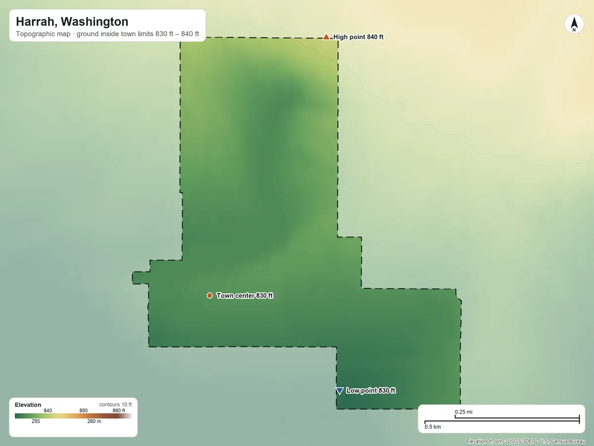 Topographic elevation map of Harrah, Washington, shaded from 830 ft on the southeast side to 840 ft on the northeast side