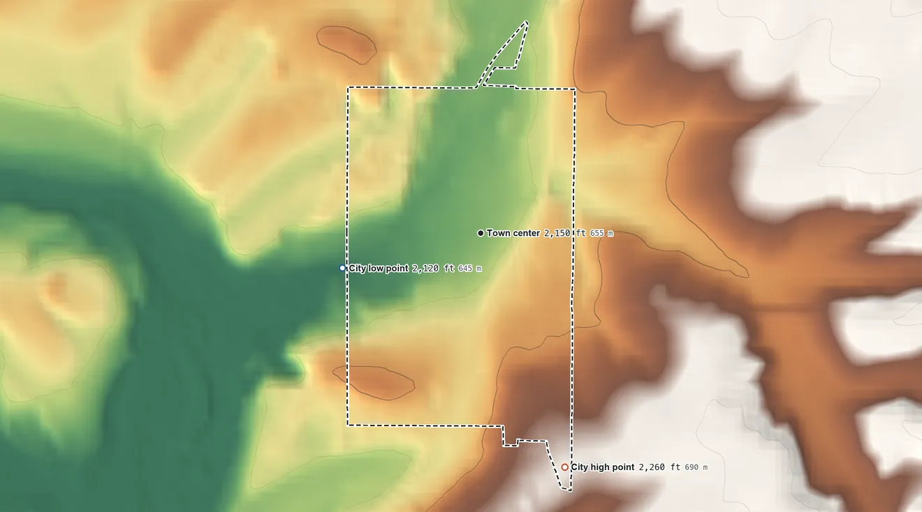 Topographic elevation map of Harrington, Washington, shaded from 2,120 ft on the west side to 2,260 ft on the south side