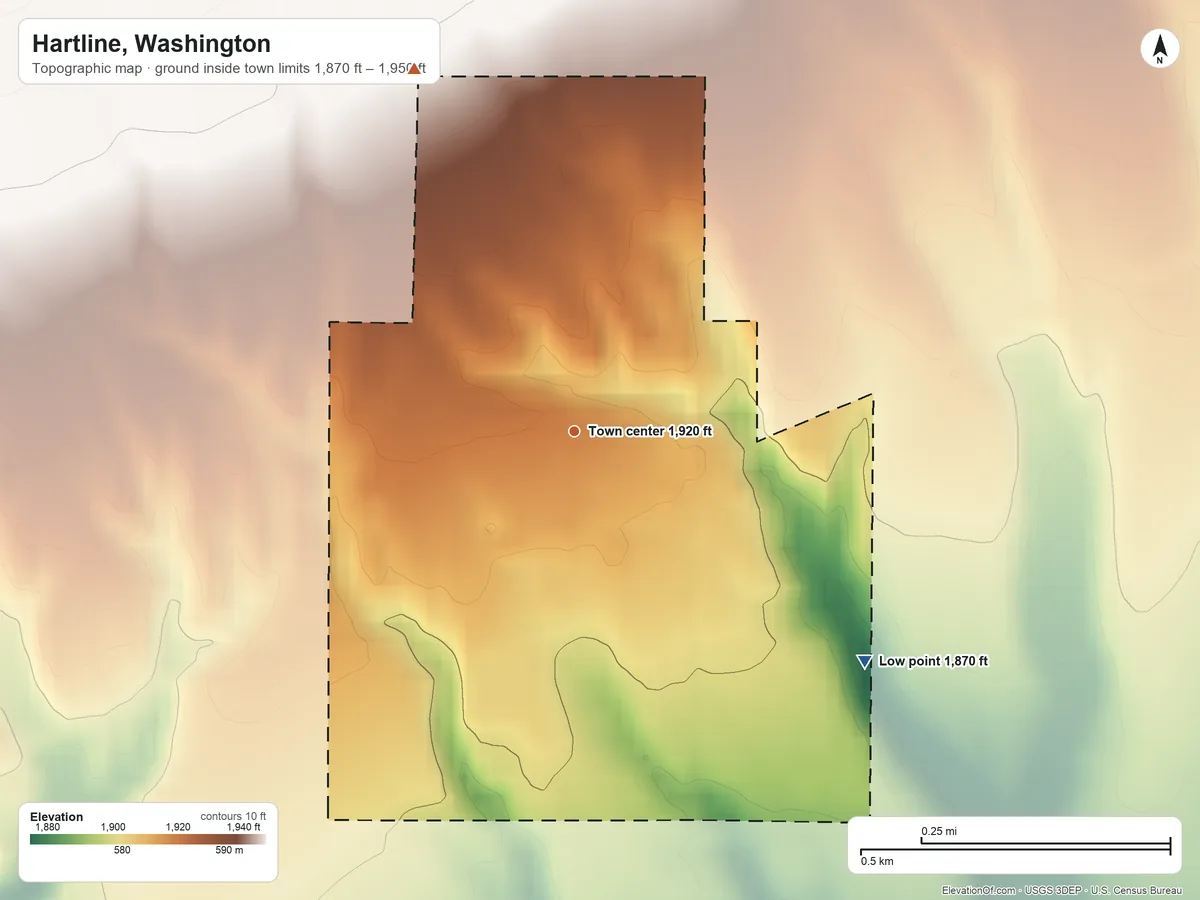 Topographic elevation map of Hartline, Washington, shaded from 1,870 ft on the southeast side to 1,950 ft on the northwest edge, below higher ground just outside