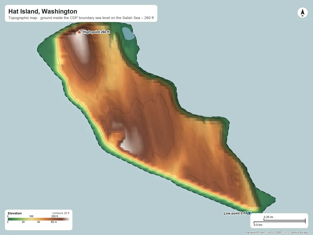 Topographic elevation map of Hat Island, Washington, shaded from sea level level on the Salish Sea to 260 ft on the northwest side