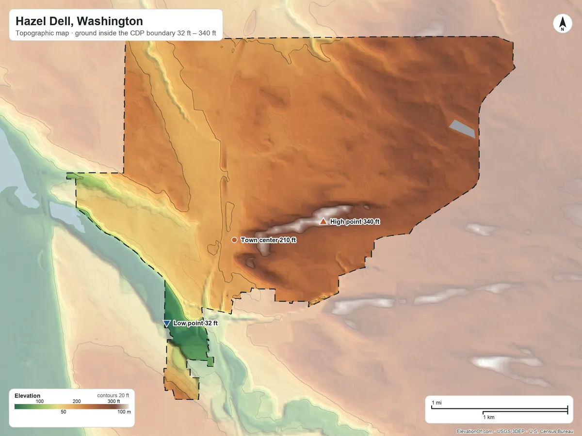 Topographic elevation map of Hazel Dell, Washington, shaded from 32 ft on the southwest side to 340 ft on the east side