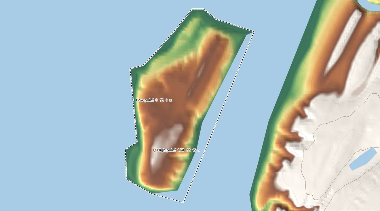 Topographic elevation map of Herron Island, Washington, shaded from sea level level on Case Inlet to 150 ft on the south side