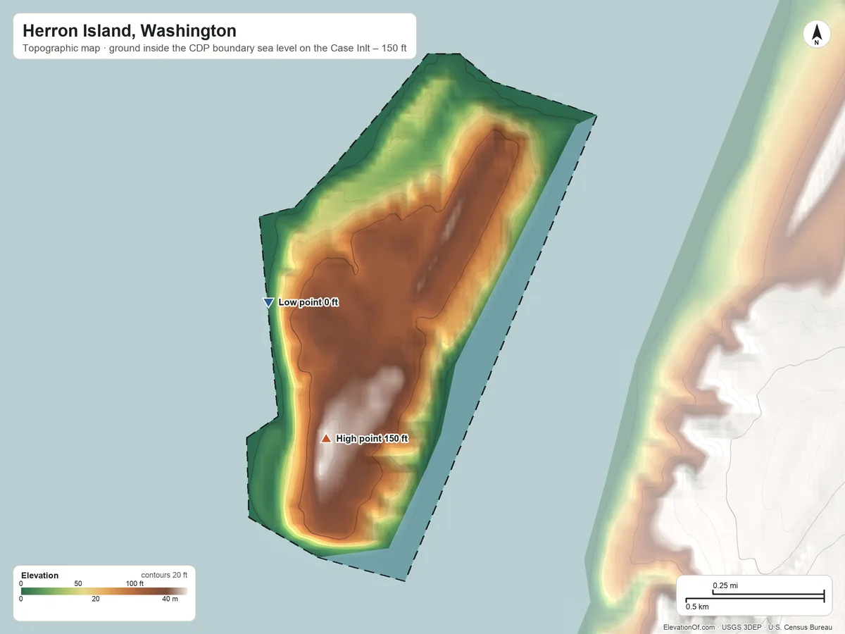 Topographic elevation map of Herron Island, Washington, shaded from sea level level on Case Inlet to 150 ft on the south side