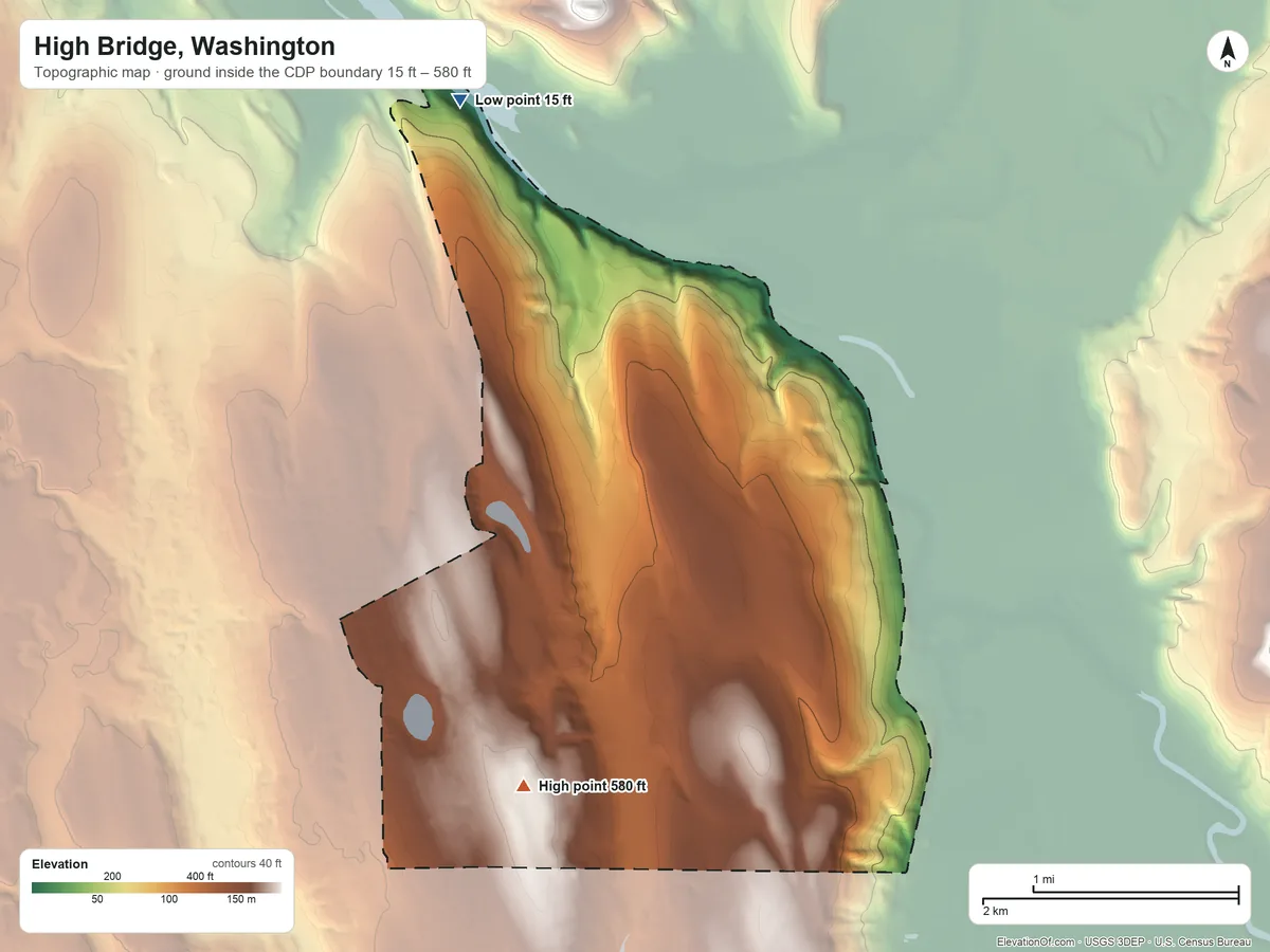 Topographic elevation map of High Bridge, Washington, shaded from 15 ft on the north side to 580 ft on the southwest side