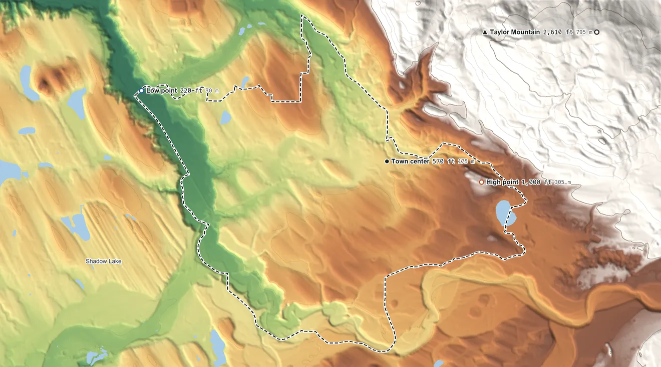 Topographic elevation map of Hobart, Washington, shaded from 220 ft on the west side to 1,000 ft on the east edge, below higher ground just outside
