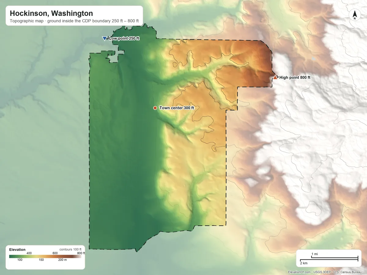 Topographic elevation map of Hockinson, Washington, shaded from 250 ft on the northwest side to 800 ft on the east edge, below higher ground just outside