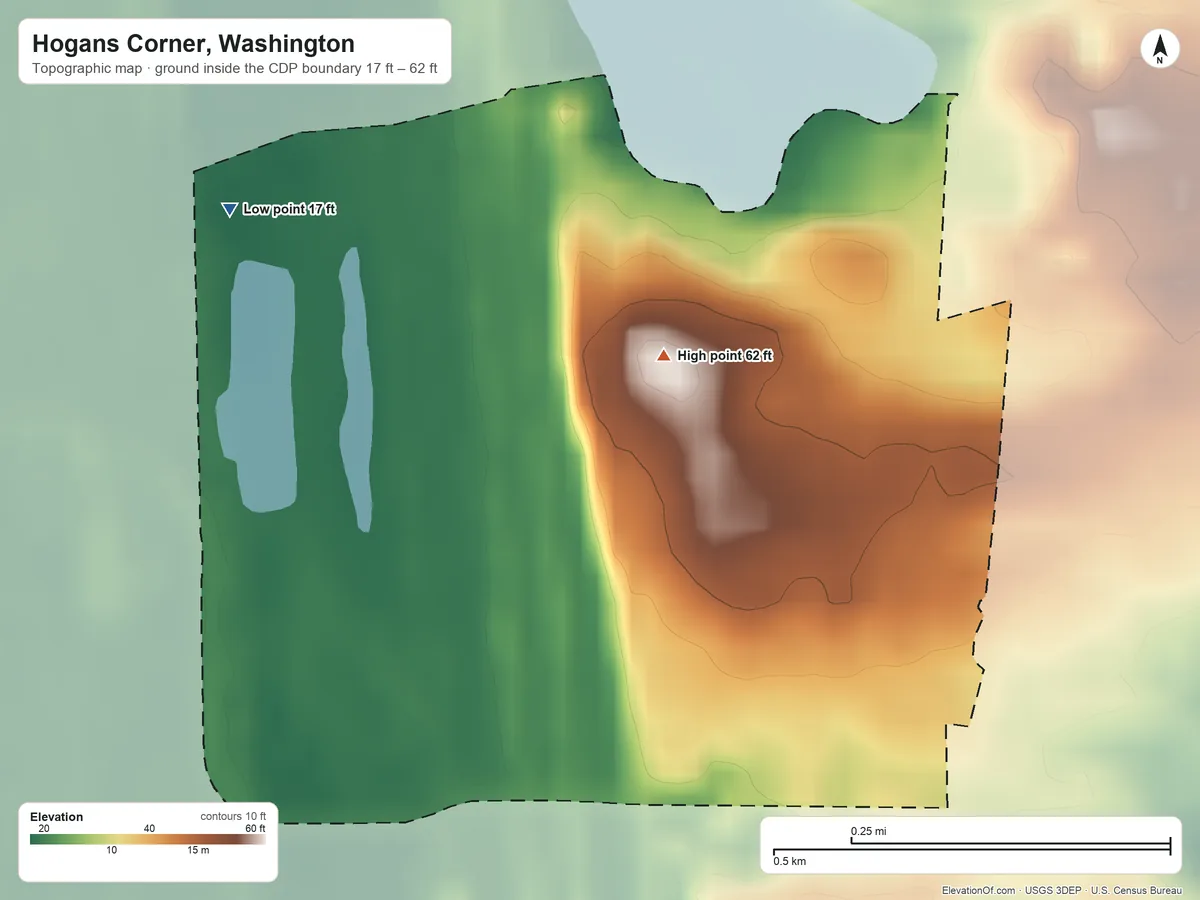 Topographic elevation map of Hogans Corner, Washington, shaded from 17 ft on the northwest side to 62 ft on the northwest side